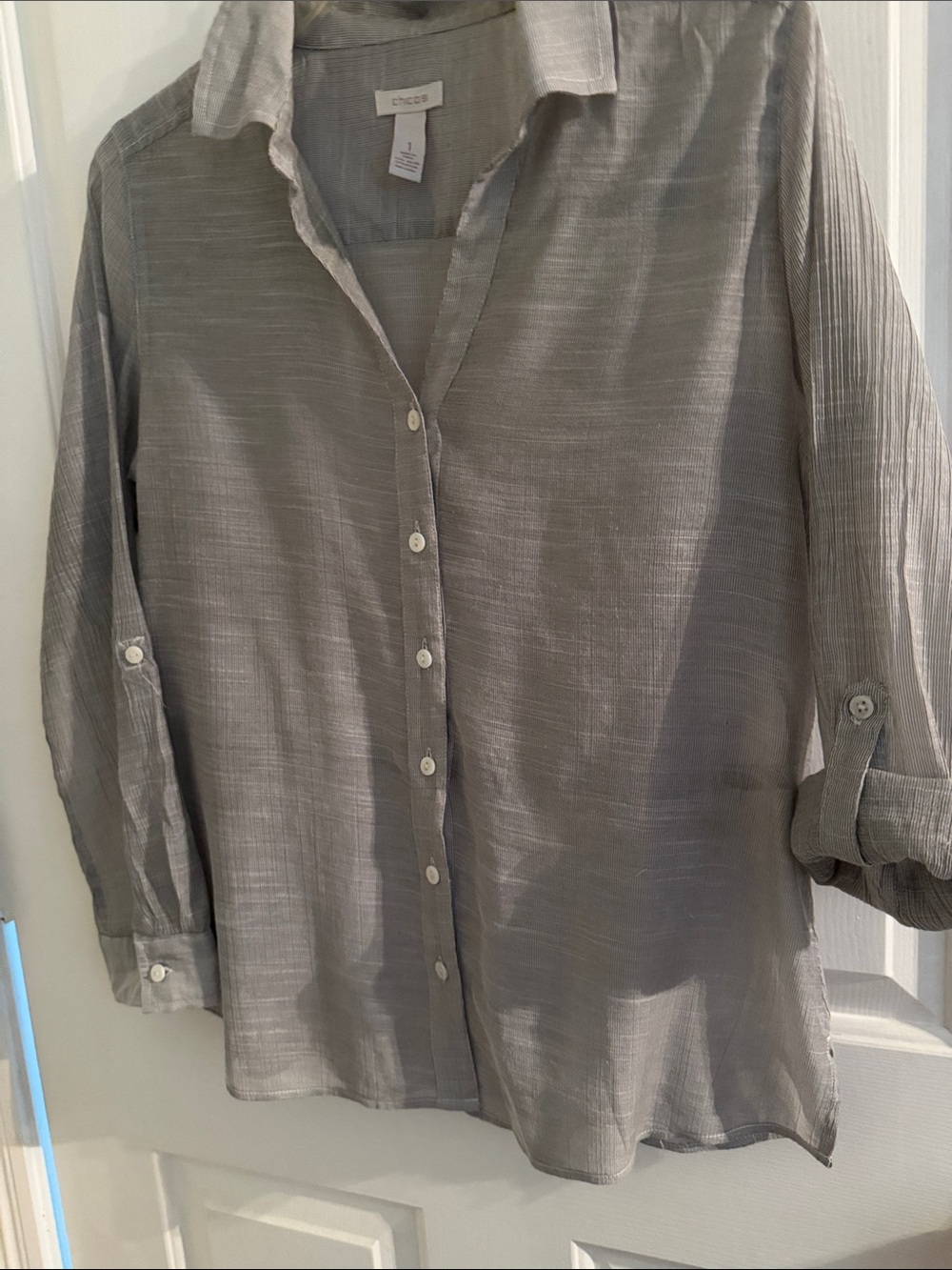 Chico's Lightweight Sheer Button-Up Blouse in Light Gray